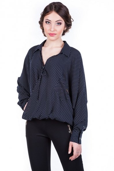 Блузка-рубашка Токио Цвет: Темно-синий с горохом маленький белый 