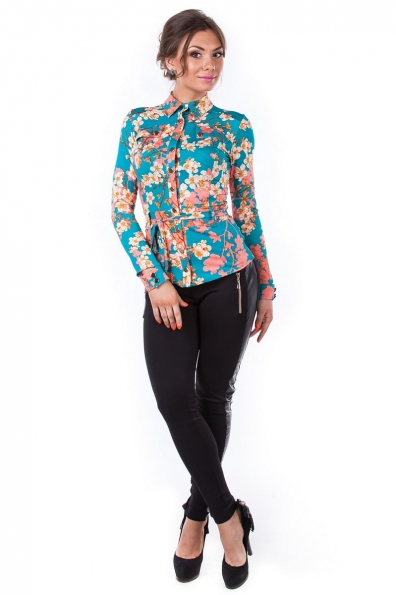 Блуза Пэнни длинный рукав Цвет: Бирюза с кораллом сакура