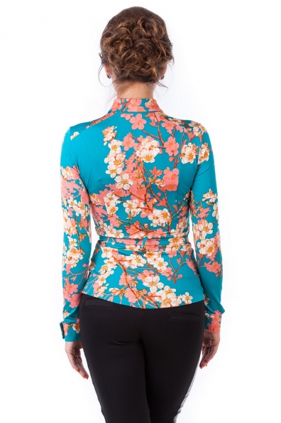 Блуза Пэнни длинный рукав Цвет: Бирюза с кораллом сакура