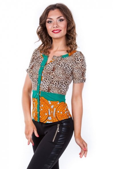 Блуза Рикко Цвет: Леопард, Зеленый с оранжевым