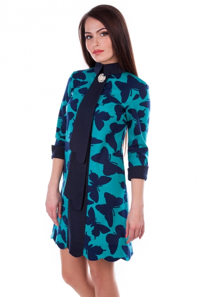 Платье Миу - Миу принт француз Цвет: Бирюза, бабочка Тем.синяя