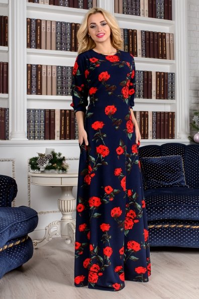 Платье Лиа (цветочный принт) Цвет: темно синий/роза красная