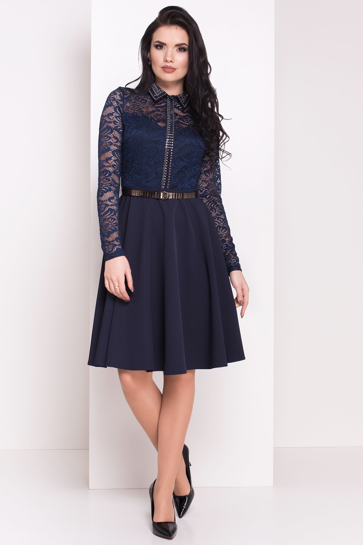Платье с гипюровым верхом Элада 4188 Цвет: Темно-синий