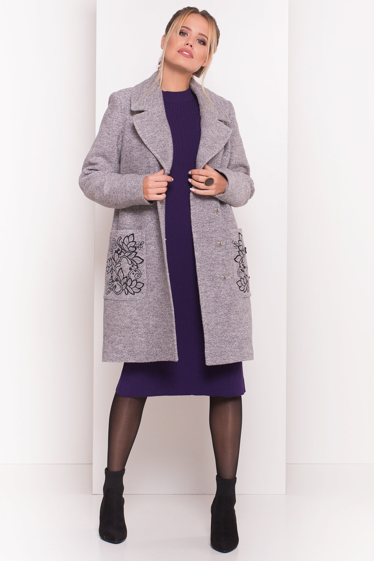 Демисезонное пальто из варенной шерсти Милена 5273 АРТ. 37587 Цвет: Серый LW-10 - фото 3, интернет магазин tm-modus.ru