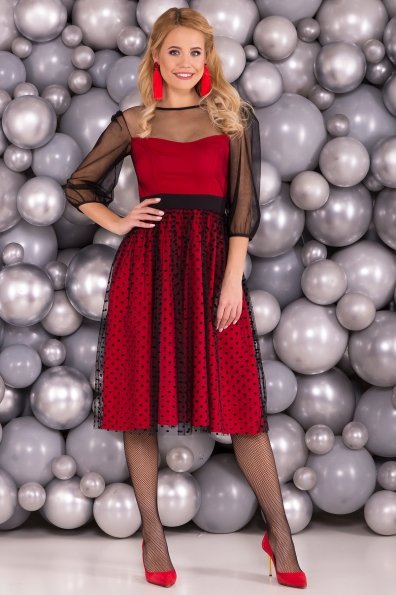 Платье с сеткой сверху Кароль 6062 Цвет: Красный/черн горох средний