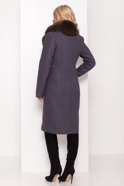 Серое стильное пальто зима с меховым воротником Камила классик 8165 Цвет: Т.синий 543