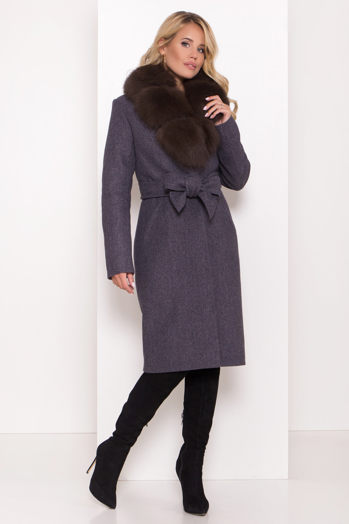 Зимнее пальто женское купить Украина Серое стильное пальто зима с меховым воротником Камила классик 8165