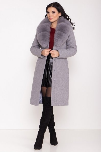 Серое стильное пальто зима с меховым воротником Камила классик 8165 Цвет: Серый 49