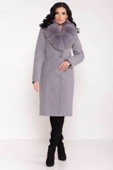 Серое стильное пальто зима с меховым воротником Камила классик 8165 Цвет: Серый 49