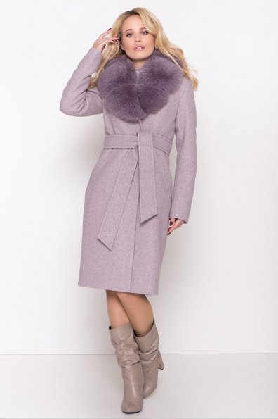 Серое стильное пальто зима с меховым воротником Камила классик 8165 Цвет: Серо-розовый 6