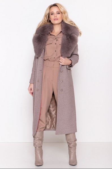 Бежевое зимнее пальто с мехом Вива Макси 8373 Цвет: Шоколадный меланж