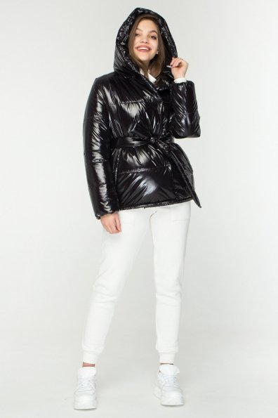 Лаковая куртка пуховик с поясом Бумер 8696 Цвет: Черный
