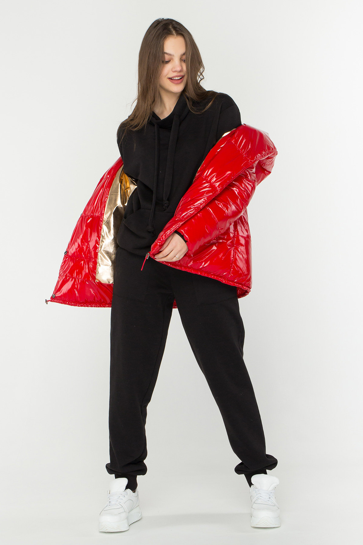 Лаковая куртка пуховик с поясом Бумер 8696 АРТ. 45034 Цвет: Красный - фото 1, интернет магазин tm-modus.ru