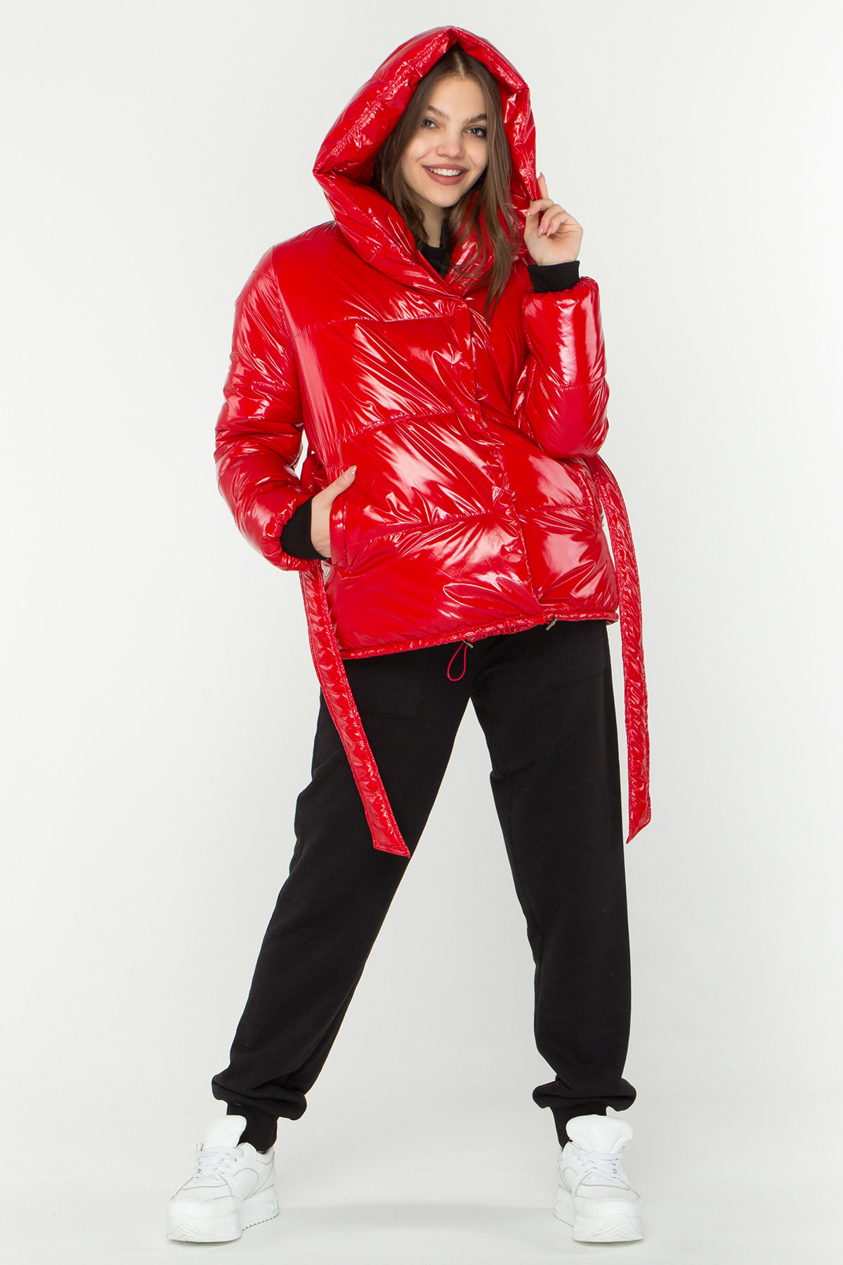 Лаковая куртка пуховик с поясом Бумер 8696 АРТ. 45034 Цвет: Красный - фото 3, интернет магазин tm-modus.ru