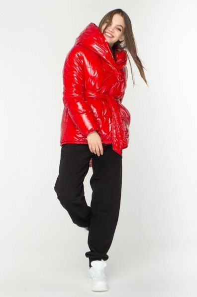 Лаковая куртка пуховик с поясом Бумер 8696 Цвет: Красный