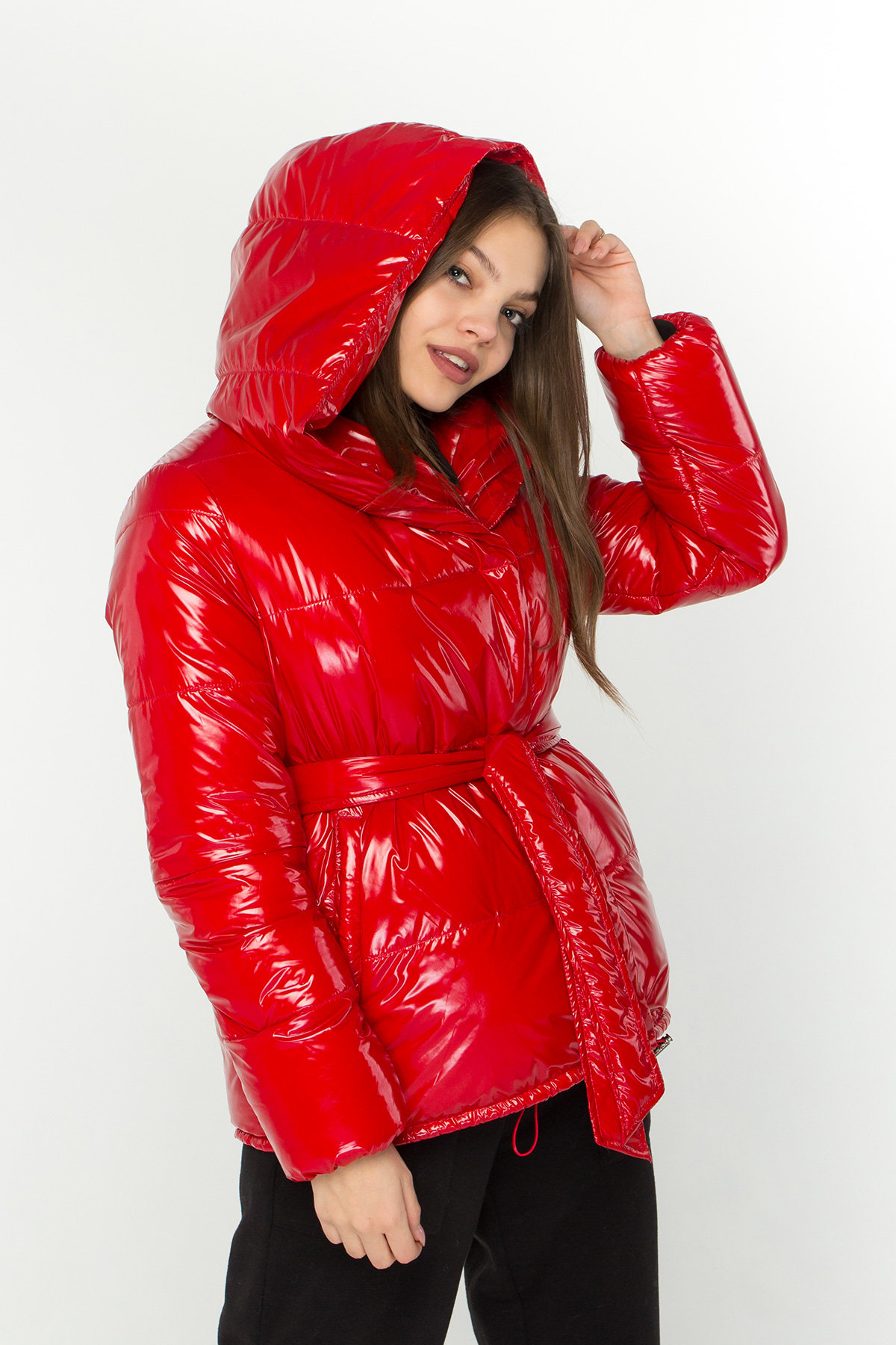 Лаковая куртка пуховик с поясом Бумер 8696 АРТ. 45034 Цвет: Красный - фото 6, интернет магазин tm-modus.ru
