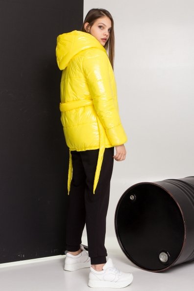 Лаковая куртка пуховик с поясом Бумер 8696 Цвет: т.серый/желтый/черный