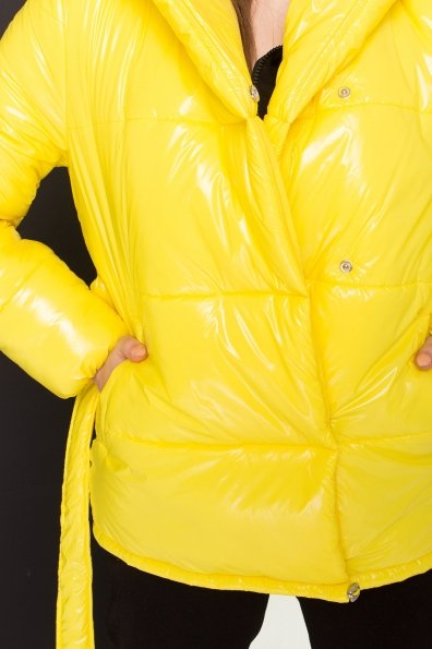 Лаковая куртка пуховик с поясом Бумер 8696 Цвет: т.серый/желтый/черный