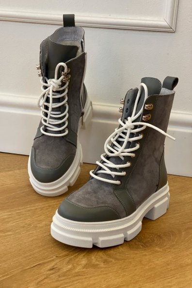 Ботинки зимние 260/14 (замш,вставки кожа,на шнурках) Цвет: Серый