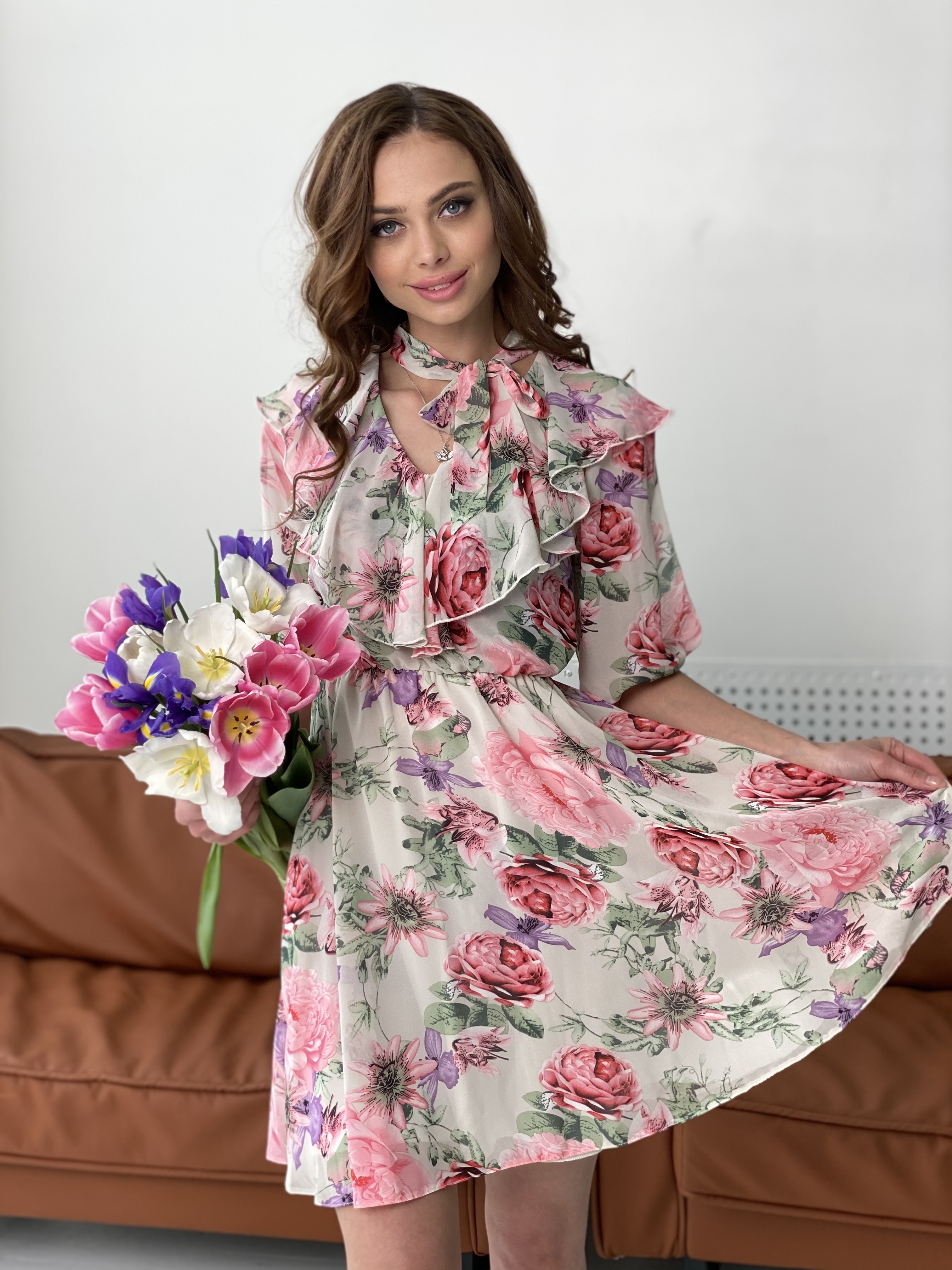 Блюз платье в леопардовый принт 7093 АРТ. 42549 Цвет: Цветы комби беж - фото 4, интернет магазин tm-modus.ru
