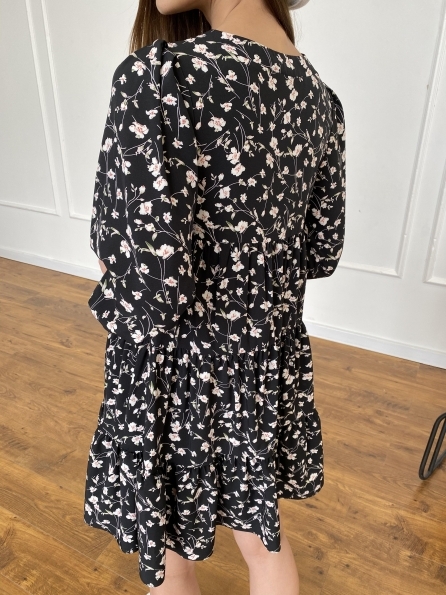 Берри платье из ткани софт в принт 11211 Цвет: Черный/молоко, Цветы