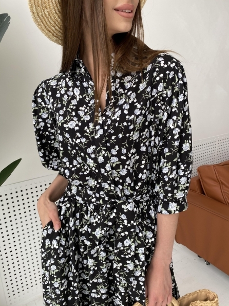 Жасмин платье  из вискозы и льна в принт 11308 Цвет: Черный/ГолубаяХризантема