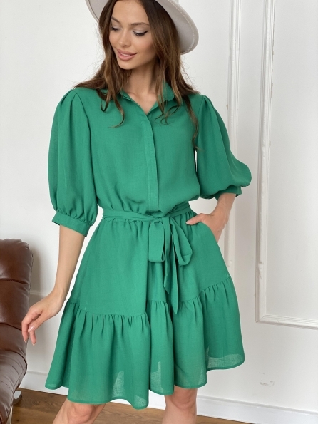 Молизе платье с кротким рукавом из шифона лен  11391 Цвет: Зеленый травка