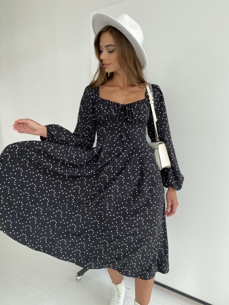 Кисес платье миди из ткани софт с длинным рукавом 11732 Цвет: Черный/Молоко/ГорохМел