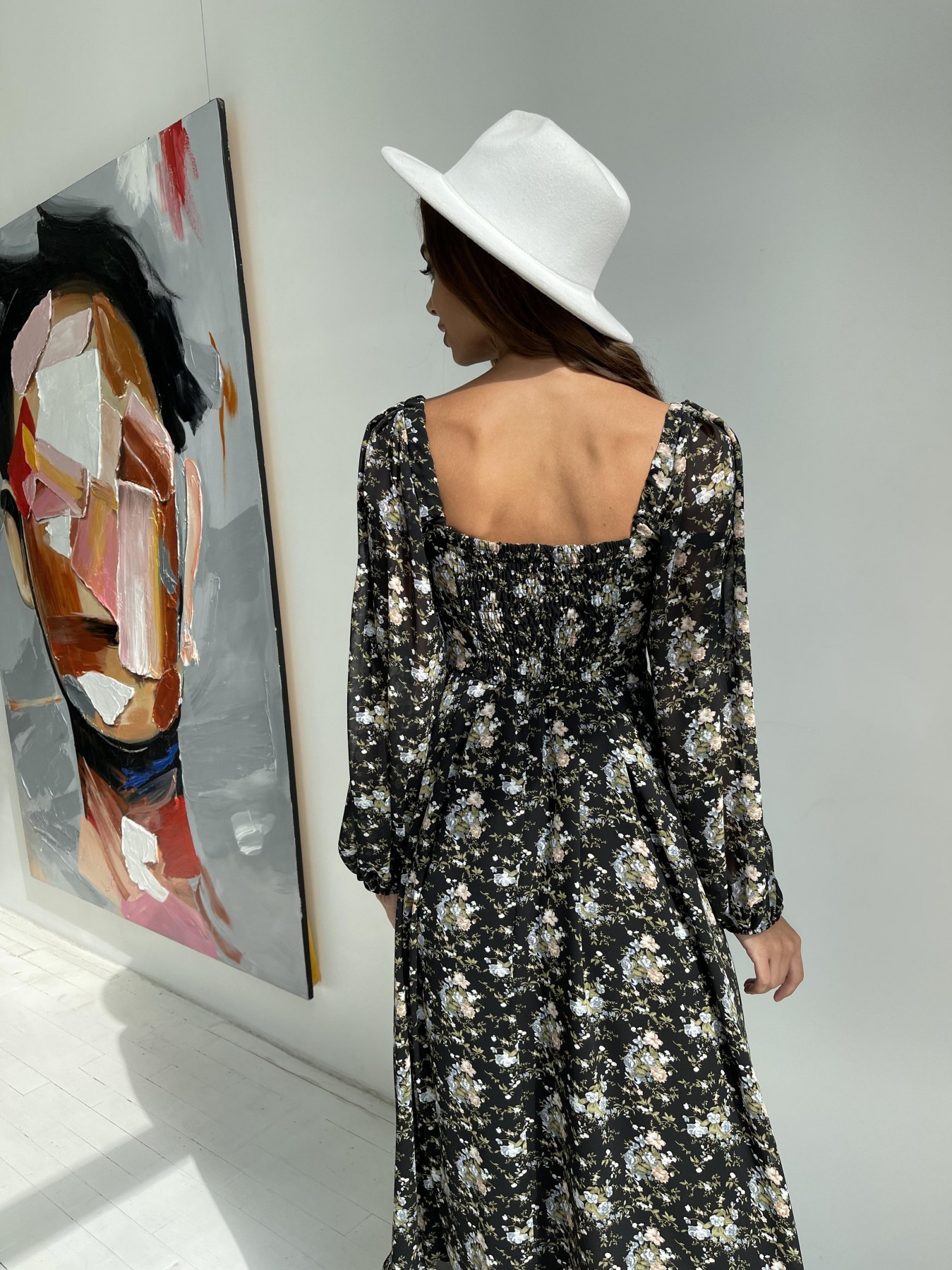 Кисес платье из шифона с цветочным принтом 11774 Цвет: Черный/беж/голубой/БукетЦв
