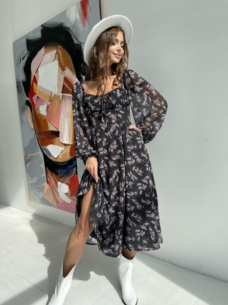 Кисес платье из шифона с цветочным принтом 11774 Цвет: Черный/ЦветыМелБукет