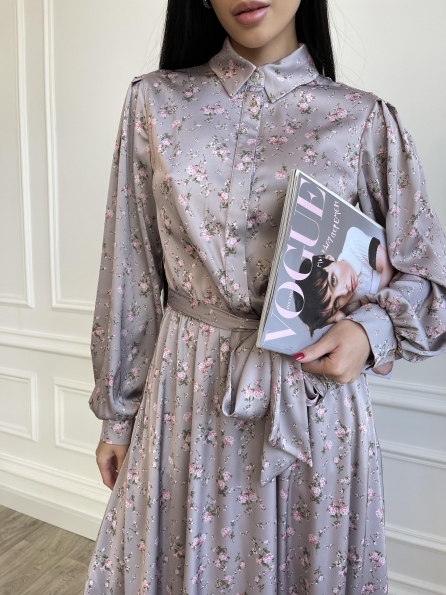 Жасмин шелковое платье с цветочным принтом 11716 Цвет: Бежевый/пудра/роза