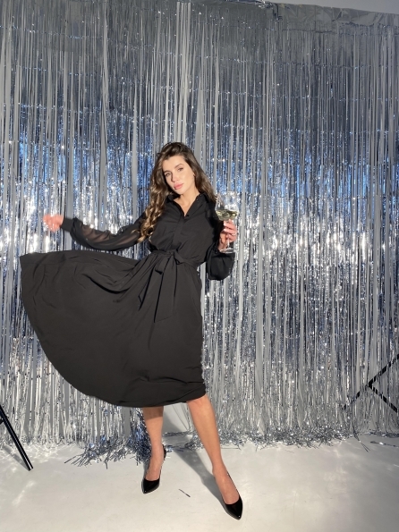 Жасмин платье из ткани софт с рукавами из шифона 12090 Цвет: Черный