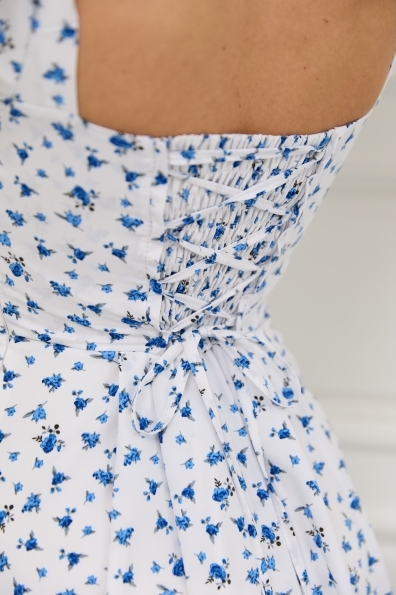 Синди Миди к/р СОФТ принт стрейч платье подъюбник 14470 Цвет: Молоко/Синий цветок