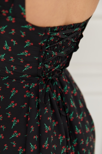 Синди Миди к/р СОФТ принт стрейч платье 14468 Цвет: Черный/букет красных цветов
