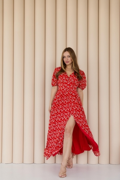 Сукня Смузі Максі Шифон 14587 Цвет: Красный/букет белых цветов