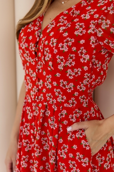 Сукня Смузі Максі Шифон 14587 Цвет: Красный/букет белых цветов