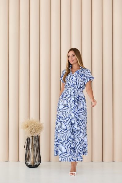 Сукня Ева Максі к/р Сатін Прінт 15816 Цвет: Молоко/елект великий лист