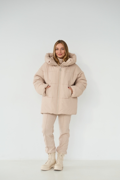 Пуховик Овертайм плащівка Ammy 16197 Цвет: світло бежевий
