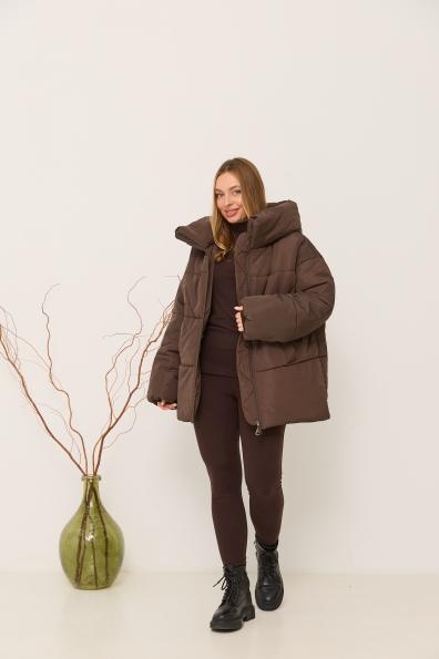 Пуховик Овертайм плащівка Ammy 16197 Цвет: Шоколад Темний